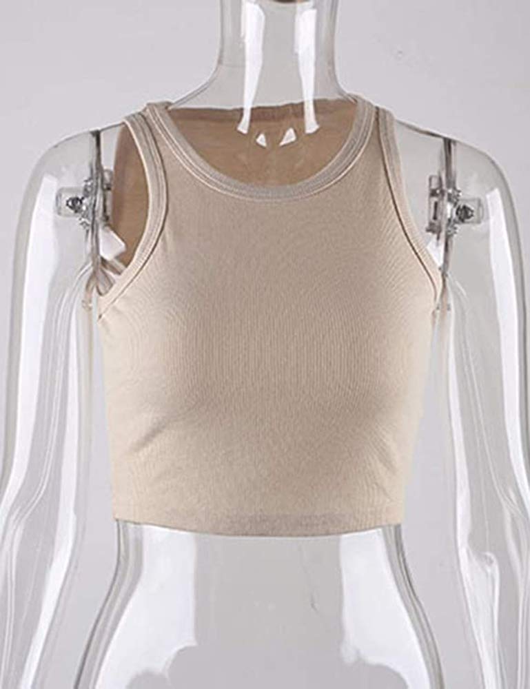 MISSACTIVER Women Basic Sleeveless Vest Crop Tank Top Casual Crew Neck Binding Crop Top (Medium, Apricot) - Image 5